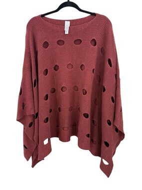 Marla Wynne Open Knit Holey Poncho Sweater Rust Red Oversized Boho Luxe Top L